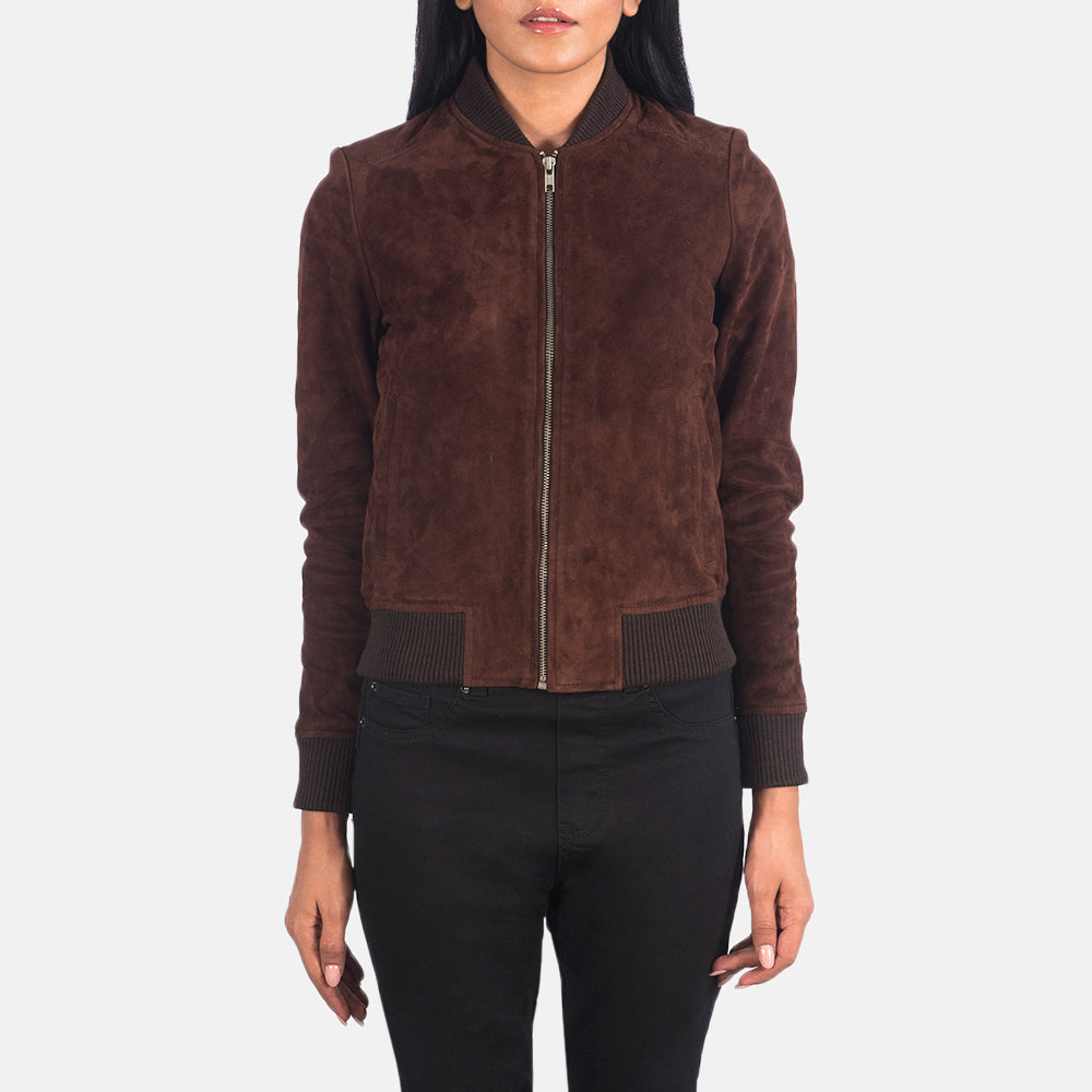 Close-Up Detail of Varsity - Rib Knit &amp; Zipper with Wind Flap Hardware on Women's Bliss بني Suede جاكيت بومبر جلد نسائي