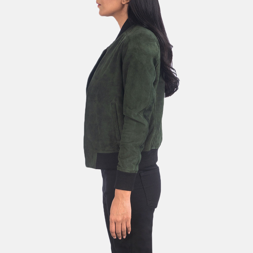 
Green Goatskin Suede Bomber Jacket - عرض خلفي يوضح تفصيل الأكتاف المتقن والحاشية النظيفة