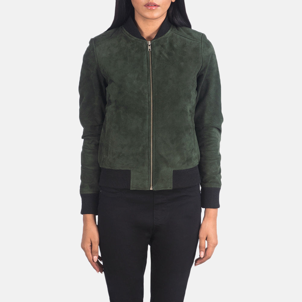 
تفاصيل مقربة of Varsity - Rib Knit & Zipper with Wind Flap Hardware on Bliss أخضر Suede جاكيت بومبر جلد نسائي