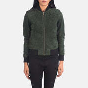 
تفاصيل مقربة of Varsity - Rib Knit & Zipper with Wind Flap Hardware on Bliss أخضر Suede جاكيت بومبر جلد نسائي