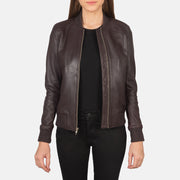 Women's Bliss عنابي جاكيت بومبر جلد نسائي in Maroon Sheepskin Leather - Front Profile View &amp; Tailored Silhouette | Buy Online