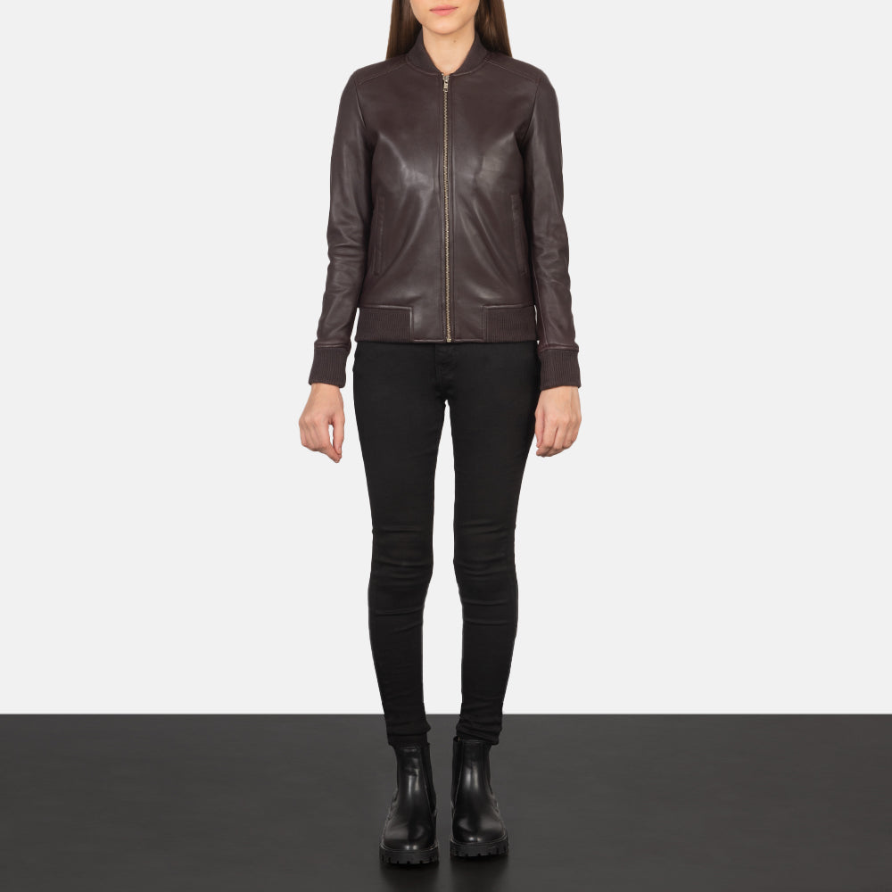 Women's Bliss عنابي جاكيت بومبر جلد نسائي - Lateral Side Profile View Showing Sleeve Cut &amp; Athletic Taper Fit
