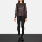 Women's Bliss عنابي جاكيت بومبر جلد نسائي - Lateral Side Profile View Showing Sleeve Cut &amp; Athletic Taper Fit