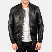 Men's Bomia Ma-1 Black Leather Bomber Jacket in Black Sheepskin Leather - Front Profile View &amp; Tailored Silhouette | Buy Online