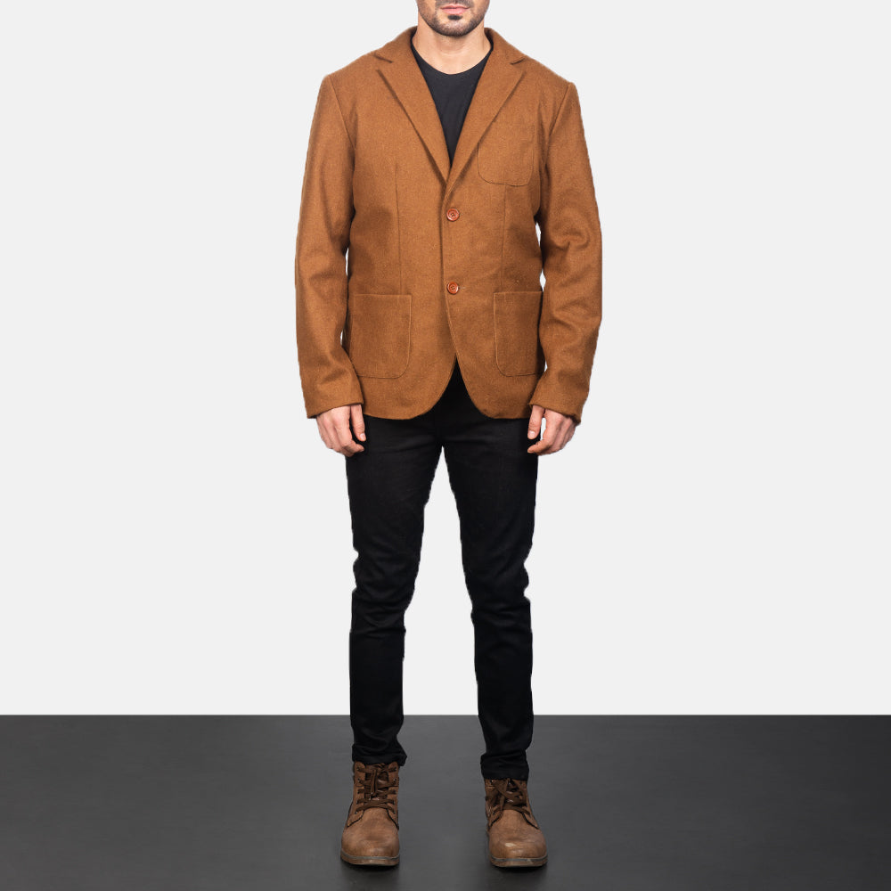 Men's Khaki Wool Blazer - Lateral Side Profile View Showing Sleeve Cut &amp; Athletic Taper Fit