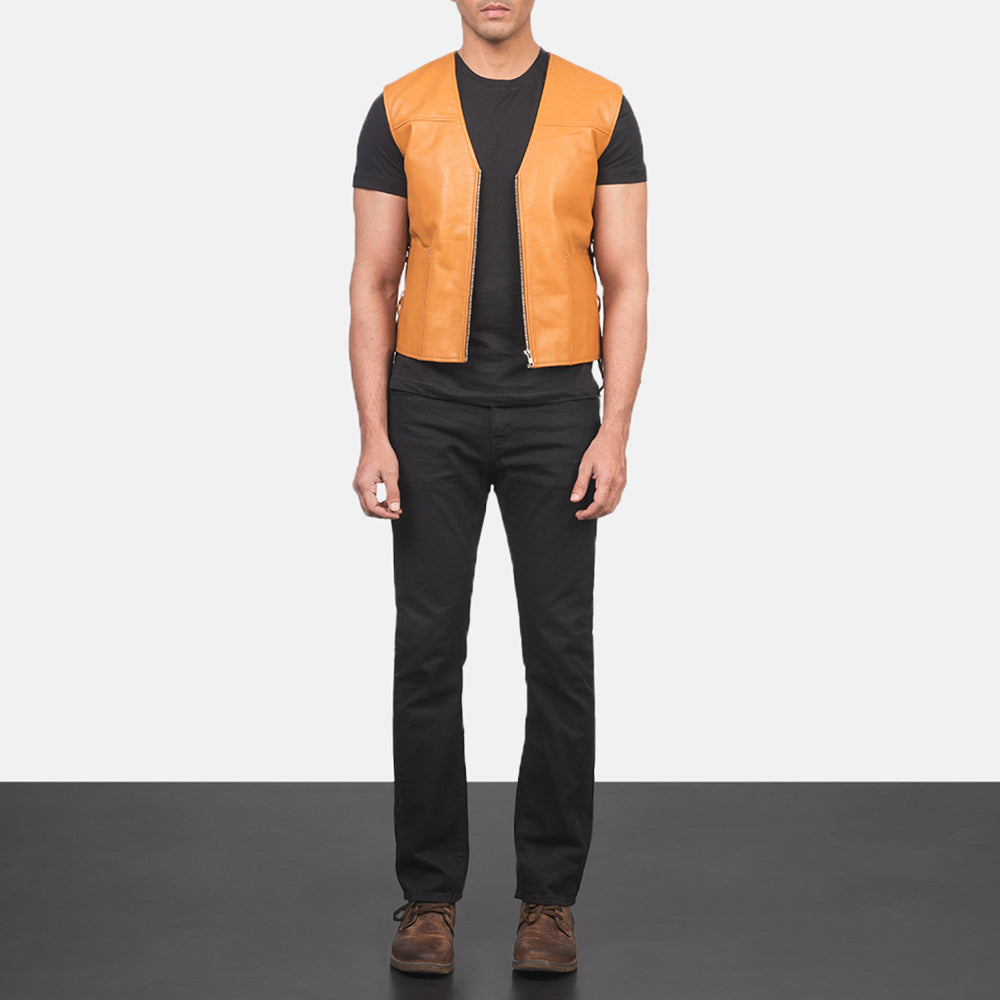 Men's Brandon بيج بني صديري جلد رجالي - Lateral Side Profile View Showing Sleeve Cut &amp; Athletic Taper Fit