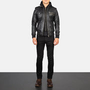 Men's Bravado Black Hooded Leather Bomber Jacket - Lateral Side Profile View Showing Sleeve Cut &amp; Athletic Taper Fit