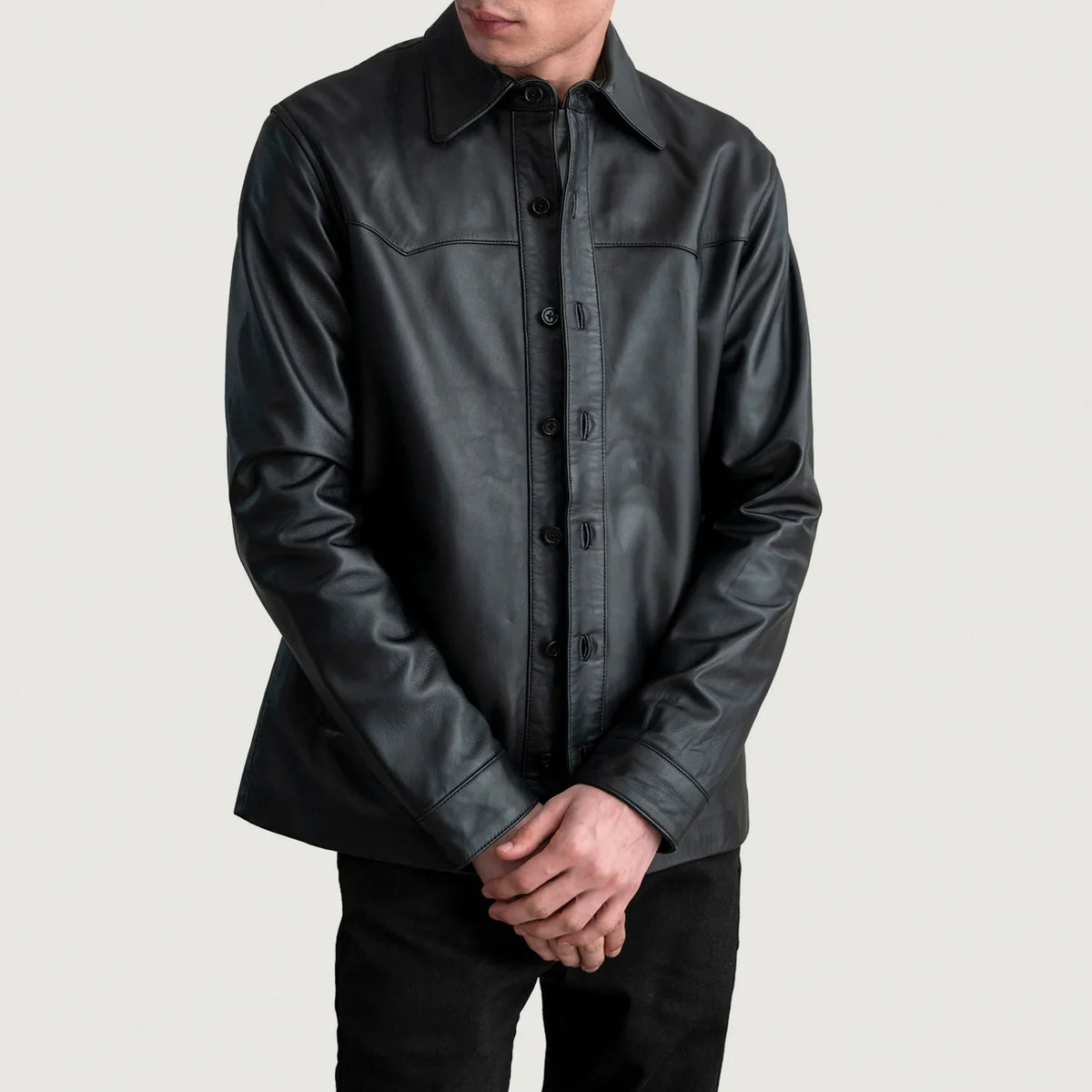 Bronco أسود Leather Shirt رجالي in Black Sheepskin Leather - Front Profile View &amp; Tailored Silhouette | Buy Online
