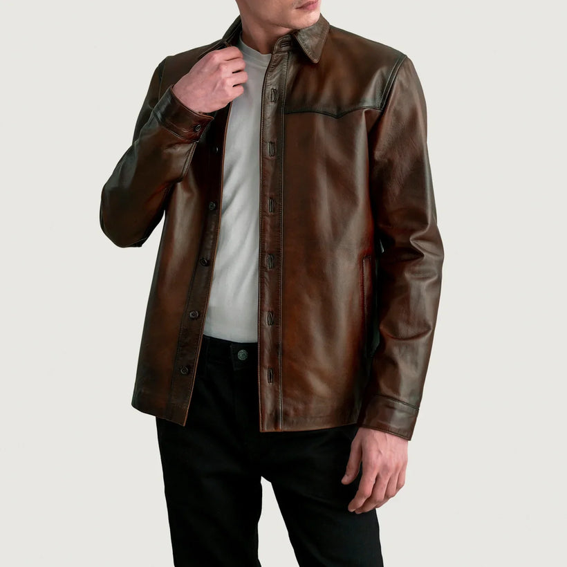 Bronco Distressed بني Leather Shirt رجالي