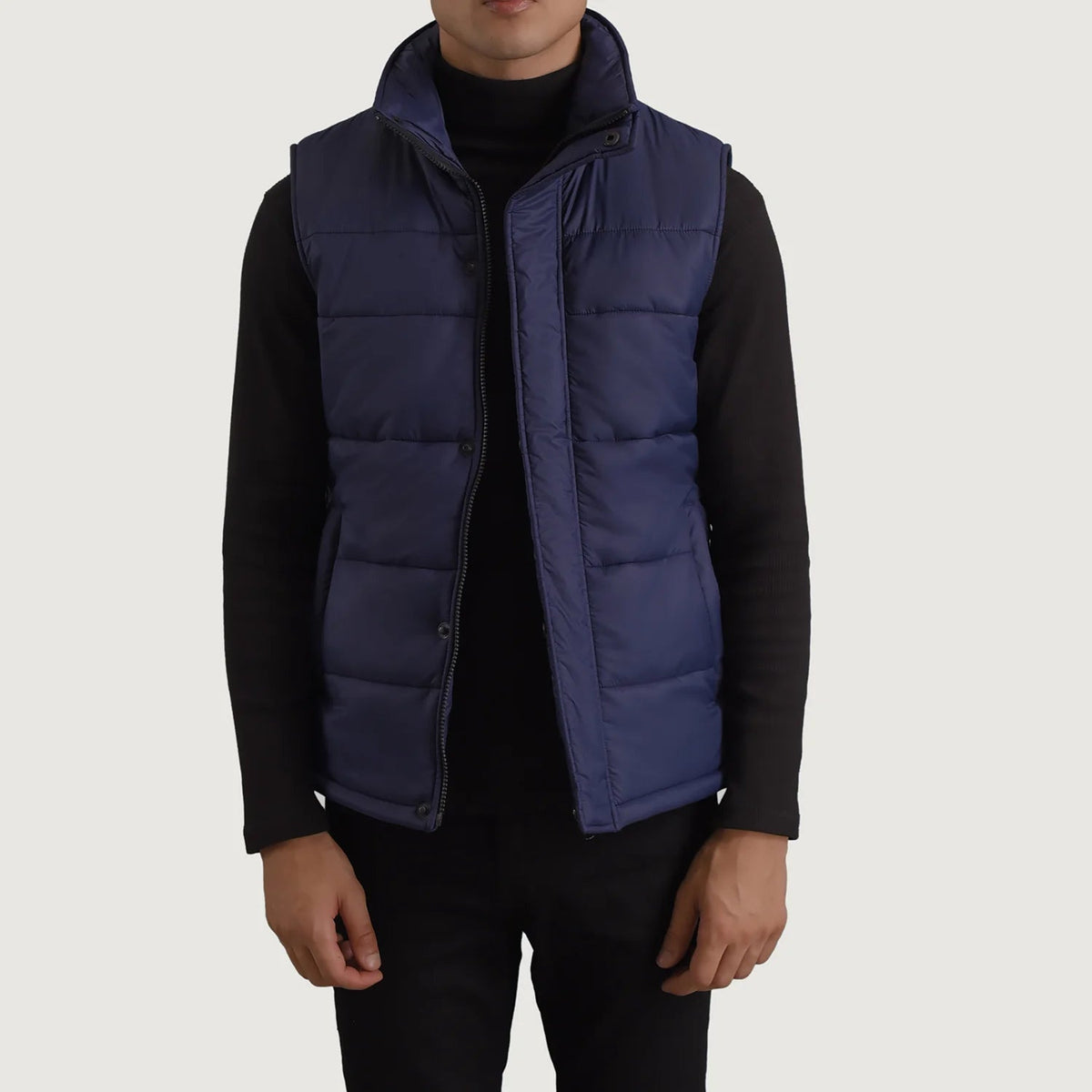 Bryan أزرق Puffer Vest رجالي in Blue Full-Grain Leather - Front Profile View &amp; Tailored Silhouette | Buy Online