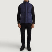 Bryan أزرق Puffer Vest رجالي - Lateral Side Profile View Showing Sleeve Cut &amp; Athletic Taper Fit
