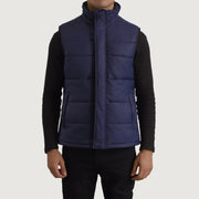Close-Up Detail of Classic Collar &amp; Zipper With Placket Hardware on Bryan أزرق Puffer Vest رجالي