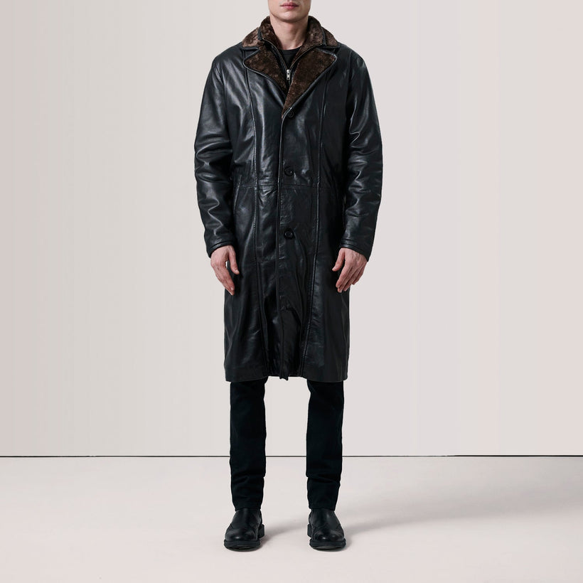 Cai أسود Leather Shearling معطف جلد رجالي