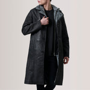 Cai Distressed أسود Leather Shearling معطف جلد رجالي For Men in Distressed Black Sheepskin Snuffed - Front Profile View &amp; Tailored Silhouette | Buy Online
