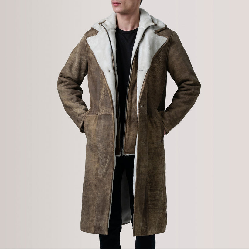 Cai Distressed بني Leather Shearling معطف جلد رجالي