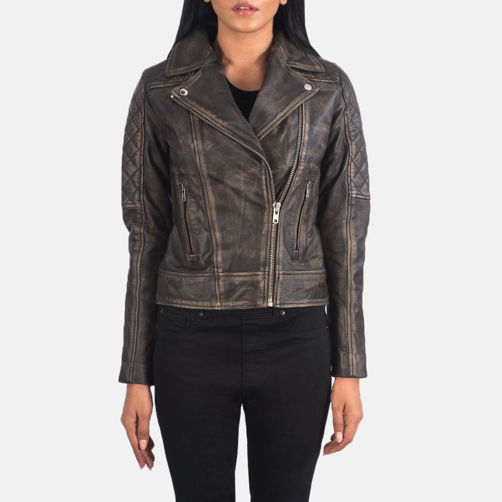 
تفاصيل مقربة of Notch & Zipper Hardware on Carolyn Quilted Distressed Brown Biker Jacket