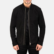 Men's Charcoal أسود Suede جاكيت بايكر جلد رجالي in Black Goatskin Suede - Front Profile View &amp; Tailored Silhouette | Buy Online