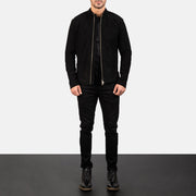Men's Charcoal أسود Suede جاكيت بايكر جلد رجالي - Lateral Side Profile View Showing Sleeve Cut &amp; Athletic Taper Fit