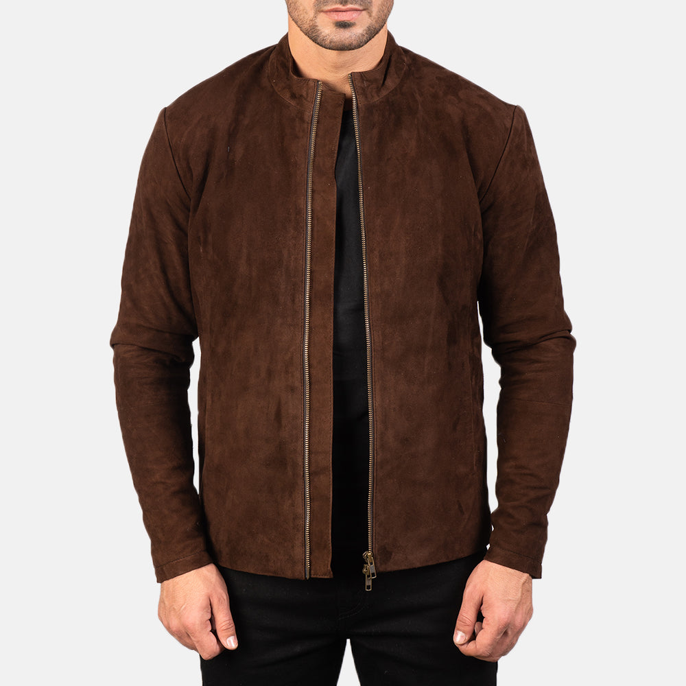 
Charcoal Mocha Suede جاكيت بايكر جلد طبيعي رجالي in Dark Brown Goatskin Suede - عرض أمامي وقَصّة مفصلة أنيقة | شراء أونلاين عبر المتجر الرسمي