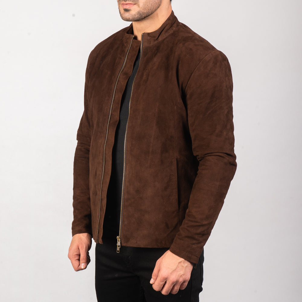 
Dark Brown Goatskin Suede Biker Jacket - عرض خلفي يوضح تفصيل الأكتاف المتقن والحاشية النظيفة