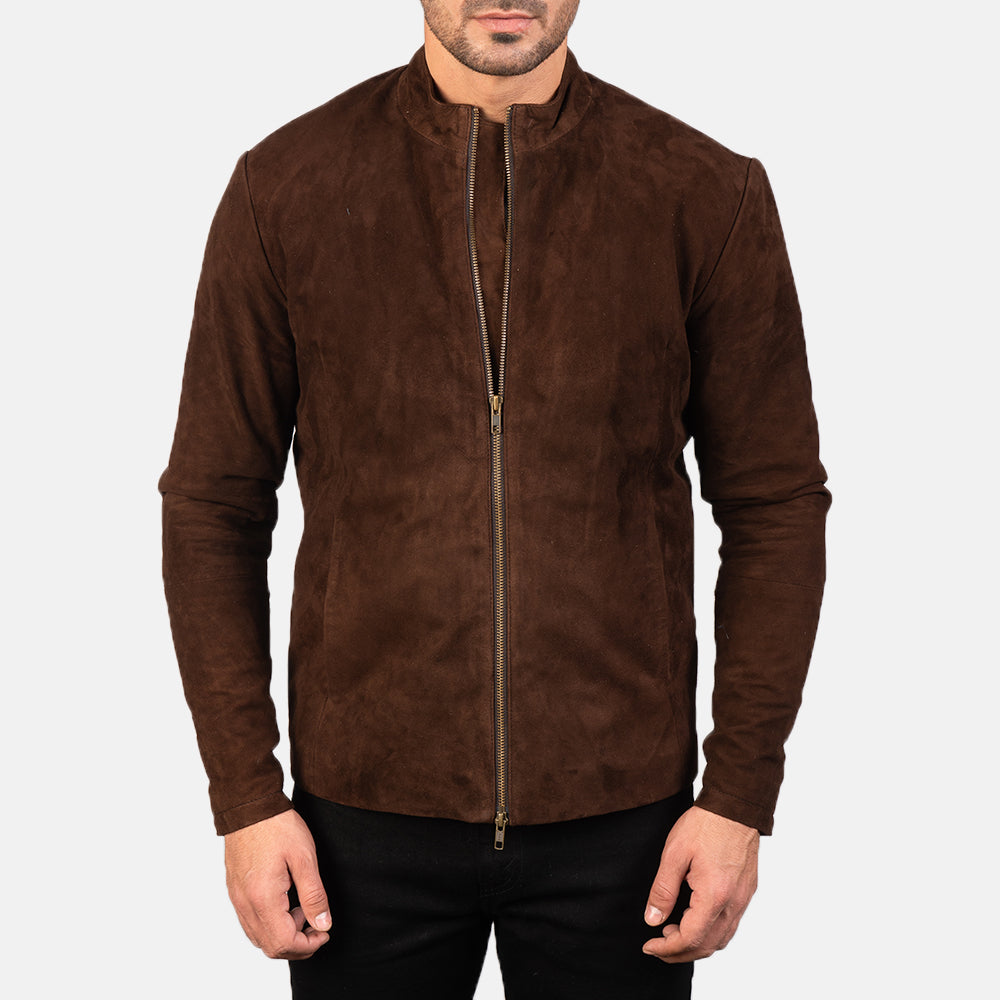 
تفاصيل مقربة of Mandarin & Zipper with Dual Puller Hardware on Charcoal Mocha Suede جاكيت بايكر جلد طبيعي رجالي