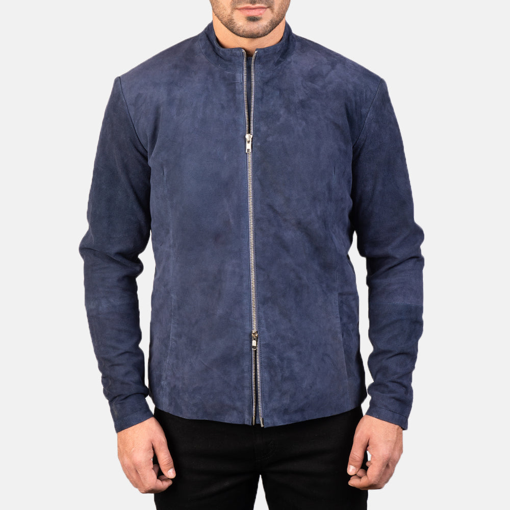 Close-Up Detail of Mandarin &amp; Zipper with Dual Puller Hardware on Men's Charcoal Navy أزرق Suede جاكيت بايكر جلد رجالي
