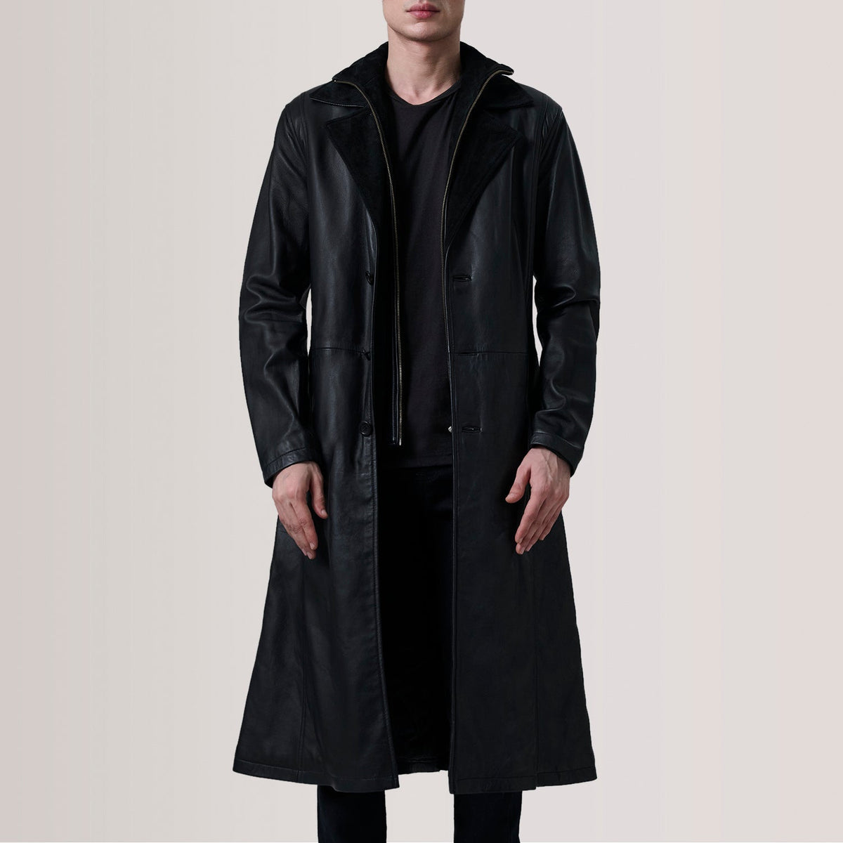 Charlton أسود Leather Single Breasted معطف جلد رجالي For Men in Black Sheepskin Leather - Front Profile View &amp; Tailored Silhouette | Buy Online