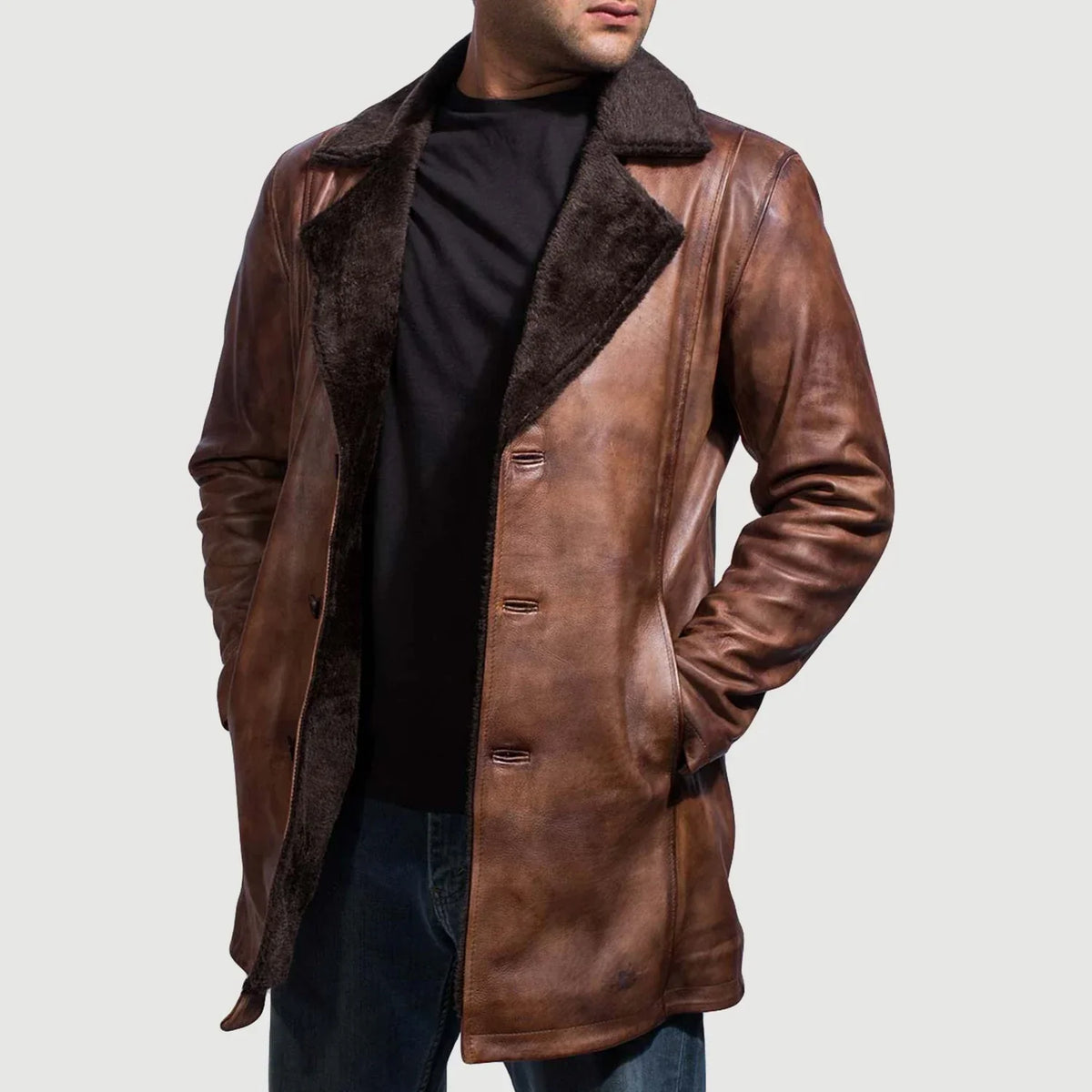 
Distressed Brown Sheepskin Burnishing Winter Jacket - عرض خلفي يوضح تفصيل الأكتاف المتقن والحاشية النظيفة