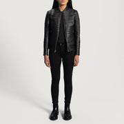Close-Up Detail of Varsity &amp; Zipper Hardware on Women's Cityscape أسود جاكيت بايكر جلد نسائي