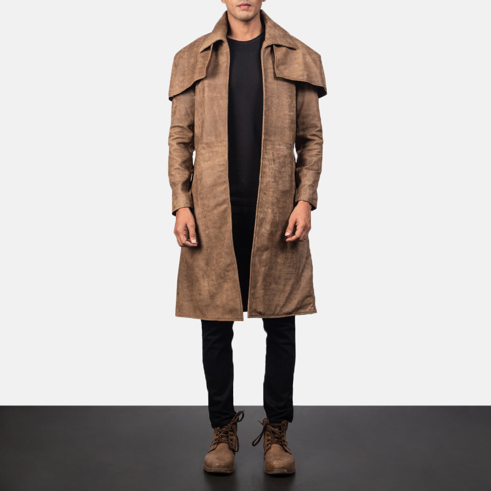Men's Classic بني Leather Duster رجالي in Distressed Brown Sheepskin Snuffed - Front Profile View &amp; Tailored Silhouette | Buy Online