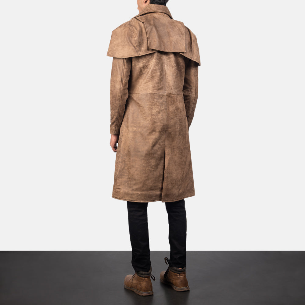 Men's Classic بني Leather Duster رجالي - Lateral Side Profile View Showing Sleeve Cut &amp; Athletic Taper Fit