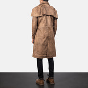 Men's Classic بني Leather Duster رجالي - Lateral Side Profile View Showing Sleeve Cut &amp; Athletic Taper Fit