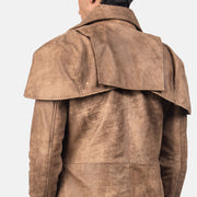 Close-Up Detail of Classic Collar &amp; Heavy-Duty Zipper Hardware on Men's Classic بني Leather Duster رجالي
