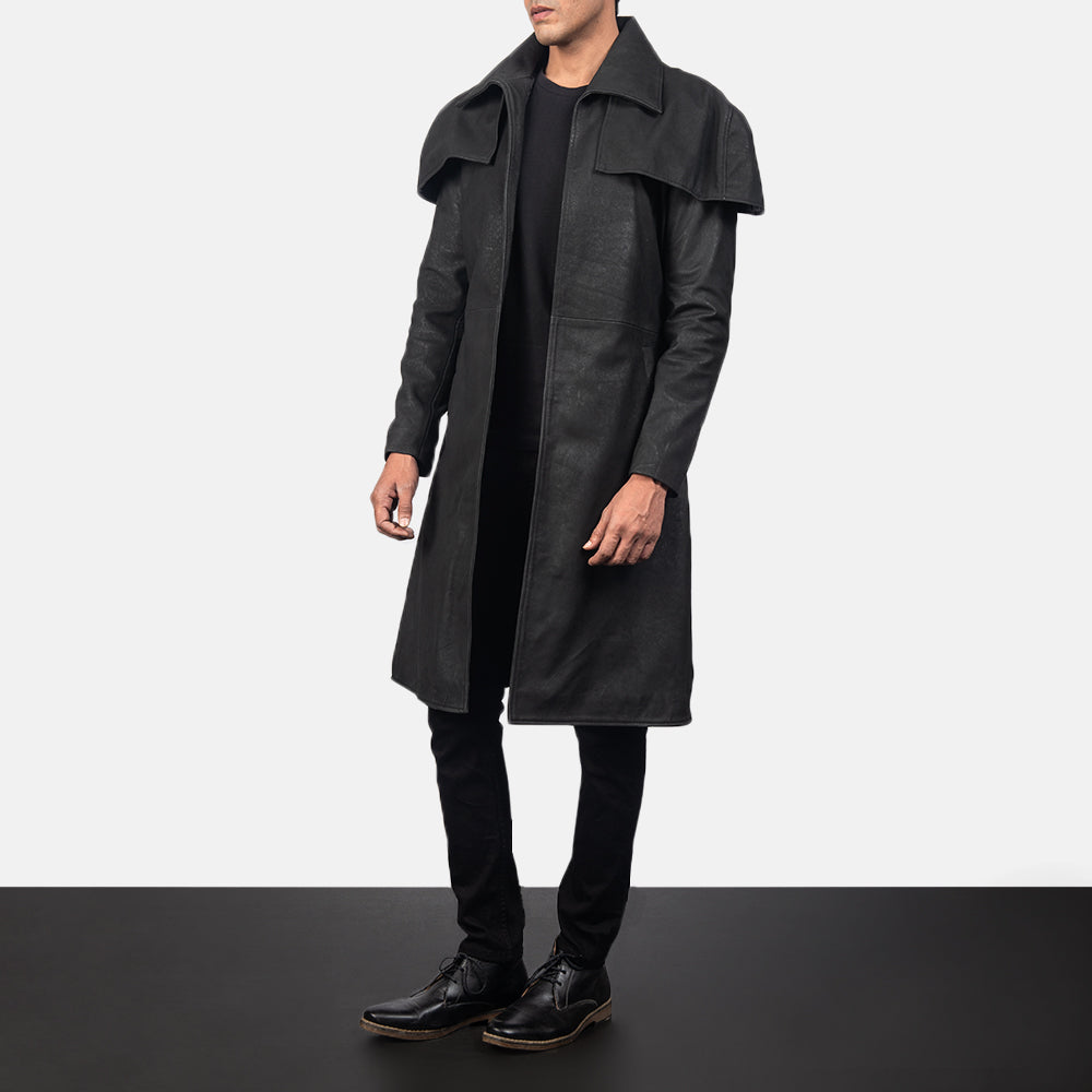 Distressed Black Sheepskin Snuffed Trench Coat - Back View Showing Tailored Shoulder Fit &amp; Clean Hemline