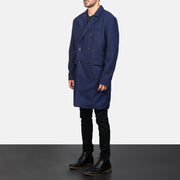Navy Blue Synthetic Wool Trench Coat - Back View Showing Tailored Shoulder Fit &amp; Clean Hemline