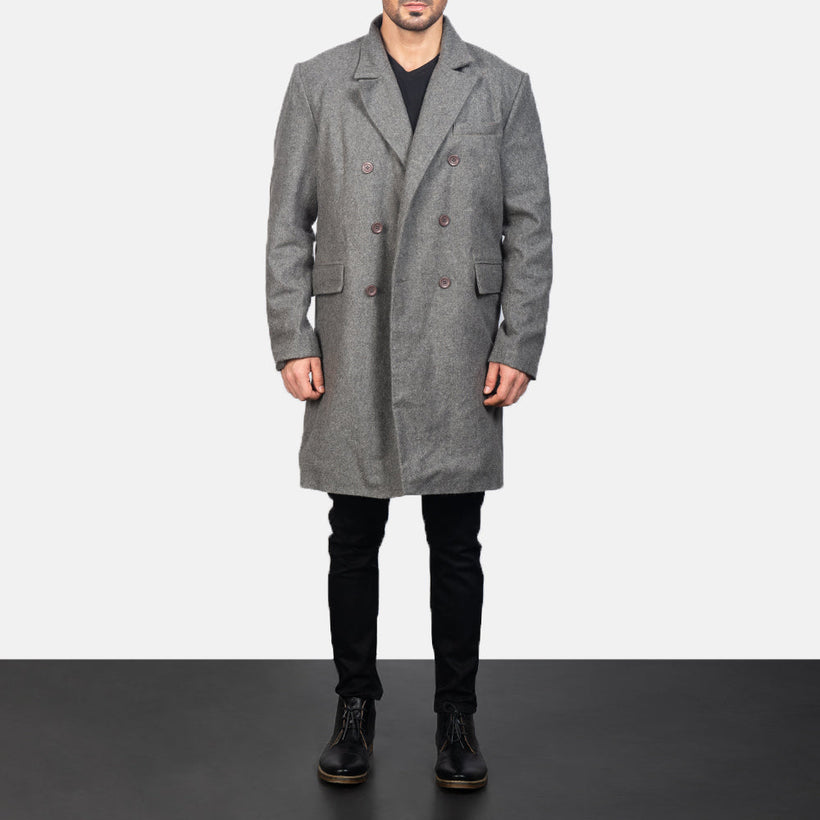 Claud Grey Wool Double-Breasted معطف جلد فاخر رجالي
