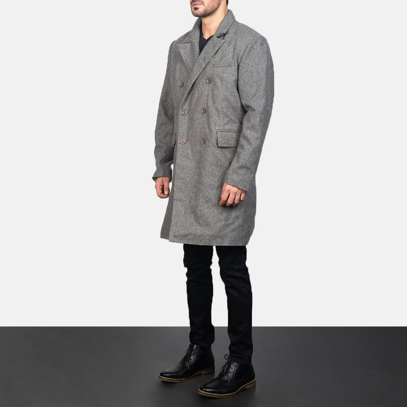 Claud Grey Wool Double-Breasted معطف جلد فاخر رجالي