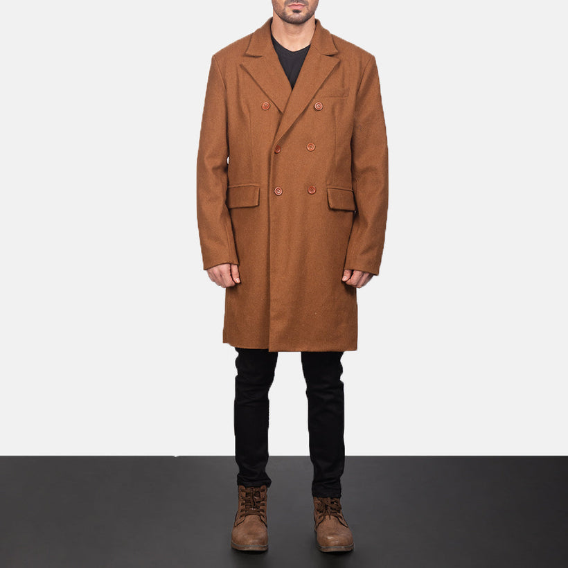 Claud Khaki Wool Double-Breasted معطف جلد فاخر رجالي