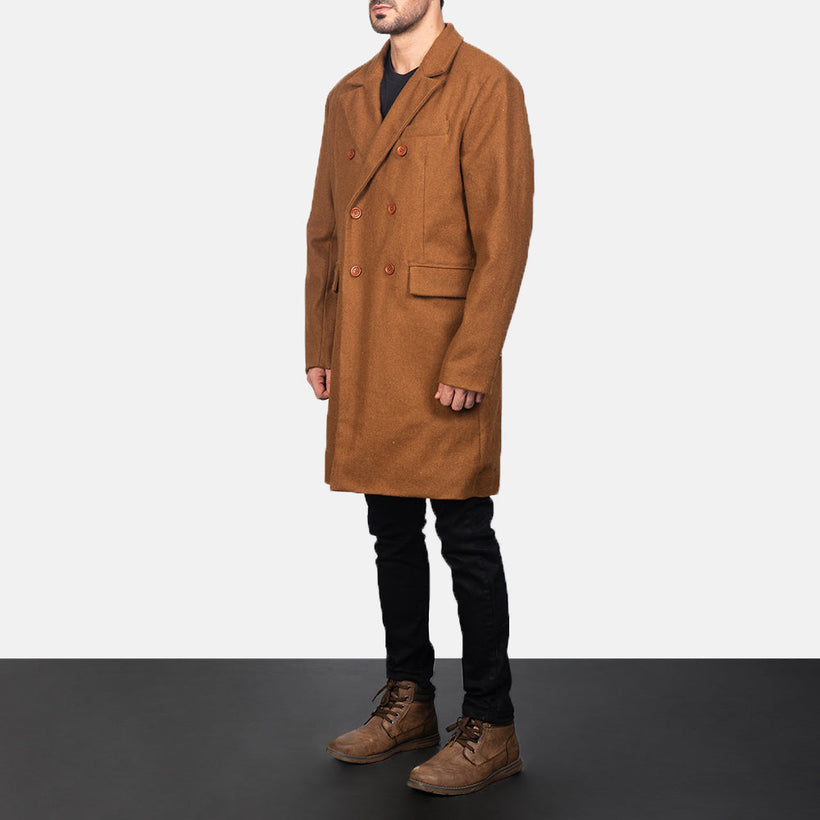Claud Khaki Wool Double-Breasted معطف جلد فاخر رجالي