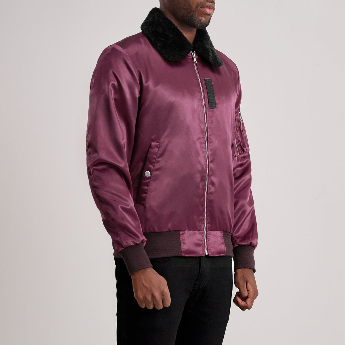 Maroon Satin Bomber Jacket - Back View Showing Tailored Shoulder Fit &amp; Clean Hemline