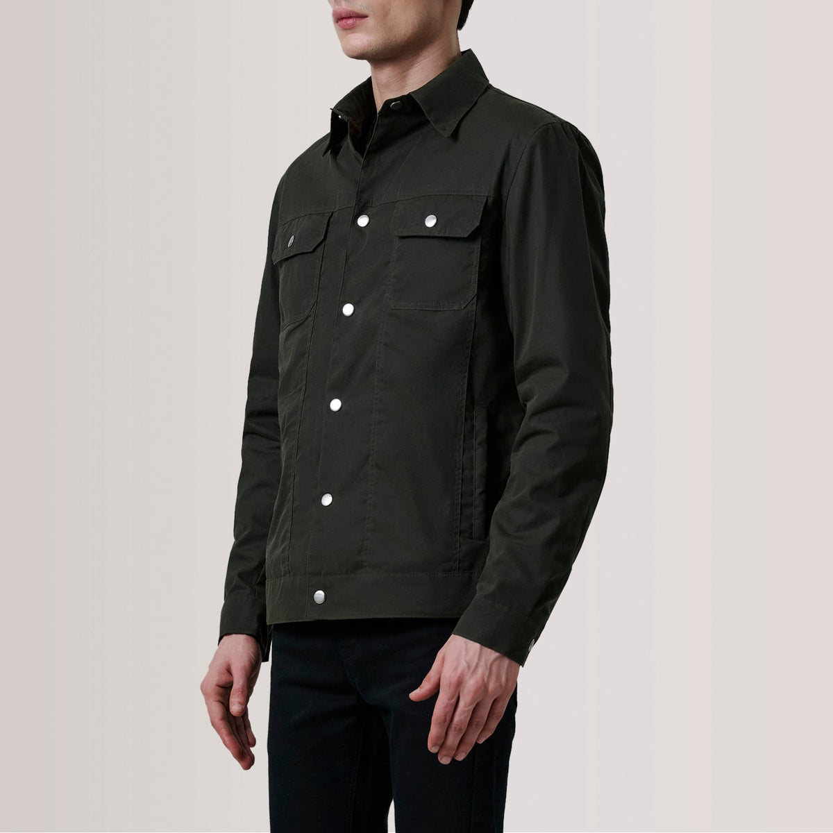 Colberto Olive Waxed Canvas Trucker جاكيت جلد رجالي For Men - Lateral Side Profile View Showing Sleeve Cut &amp; Athletic Taper Fit
