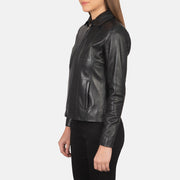 Women Colette أسود جاكيت جلد نسائي - Lateral Side Profile View Showing Sleeve Cut &amp; Athletic Taper Fit