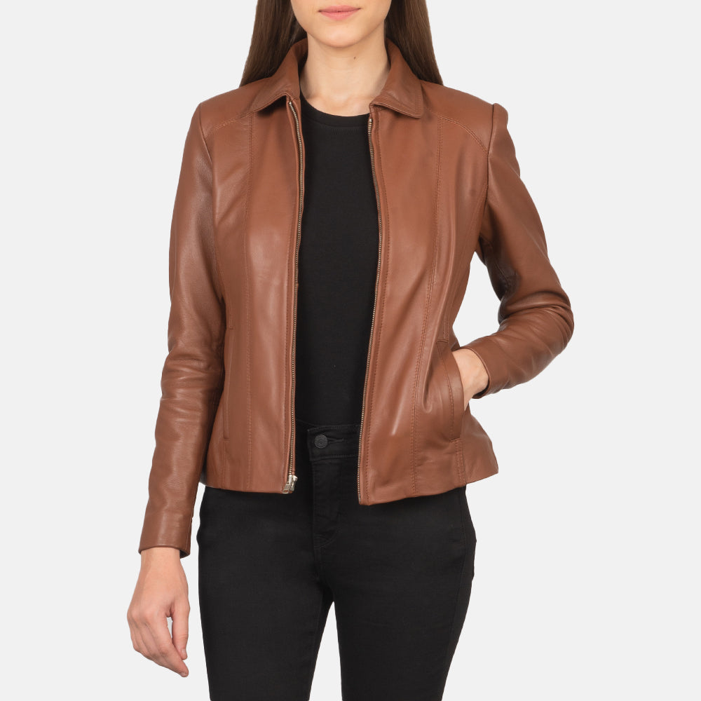 Women Colette بني جاكيت جلد نسائي in Brown Sheepskin Leather - Front Profile View &amp; Tailored Silhouette | Buy Online