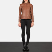 Women Colette بني جاكيت جلد نسائي - Lateral Side Profile View Showing Sleeve Cut &amp; Athletic Taper Fit