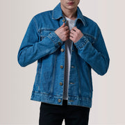 Conard أزرق Denim Trucker جاكيت جلد رجالي For Men in Blue Full-Grain Leather - Front Profile View &amp; Tailored Silhouette | Buy Online