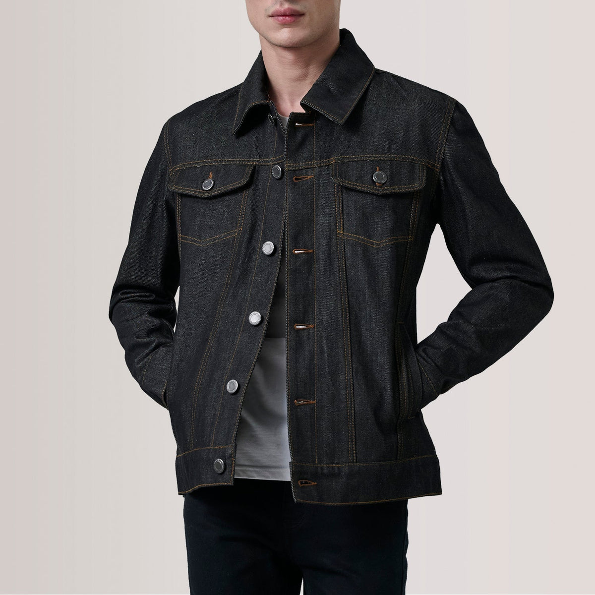Conard Faded أسود Denim Trucker جاكيت جلد رجالي For Men in Black Full-Grain Leather - Front Profile View &amp; Tailored Silhouette | Buy Online