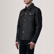Conard Faded أسود Denim Trucker جاكيت جلد رجالي For Men - Lateral Side Profile View Showing Sleeve Cut &amp; Athletic Taper Fit