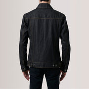 Close-Up Detail of Classic Collar &amp; Heavy-Duty Zipper Hardware on Conard Faded أسود Denim Trucker جاكيت جلد رجالي For Men