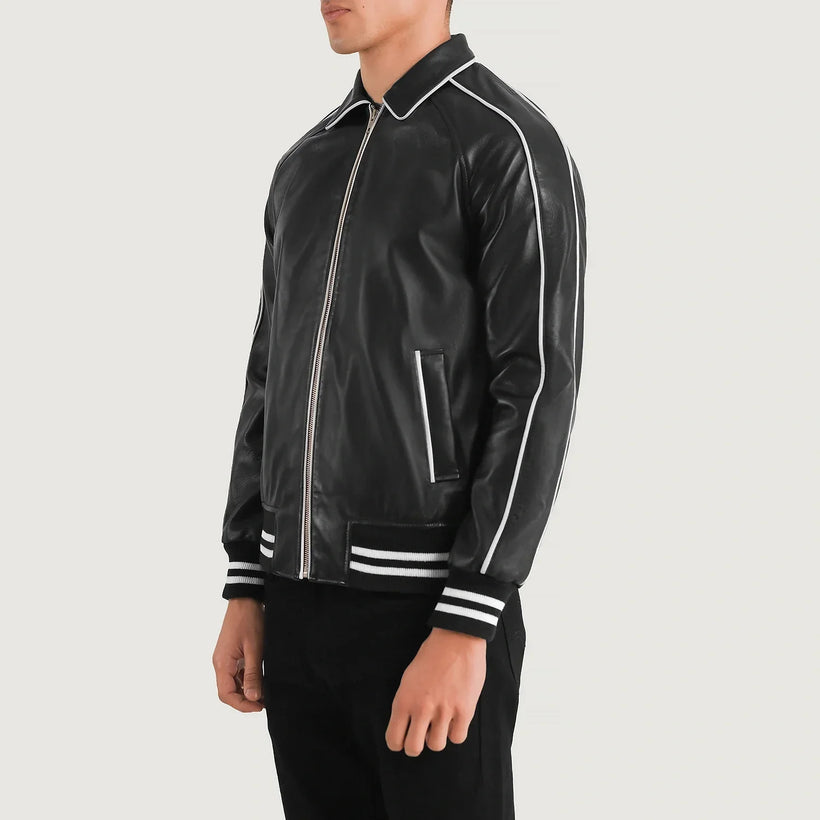 Cooper أسود Leather Varsity جاكيت جلد رجالي