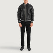 Cooper أسود Leather Varsity جاكيت جلد رجالي - Lateral Side Profile View Showing Sleeve Cut &amp; Athletic Taper Fit
